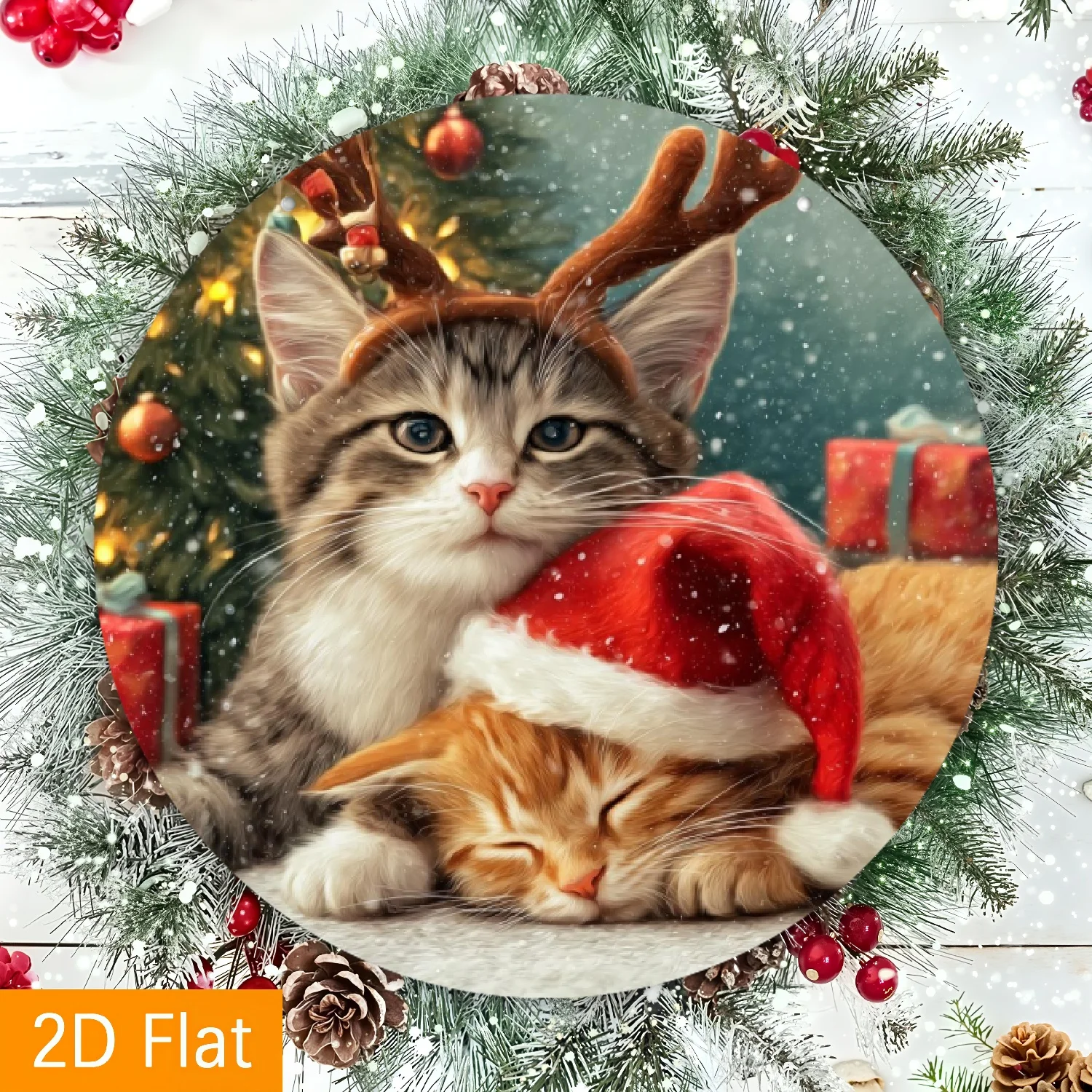 Festive Ginger Tabby & Grey British Shorthair Cat Metal Wall Decor - 8x8 Inch Round Christmas Tree with Tabby Cats in Santa Hats