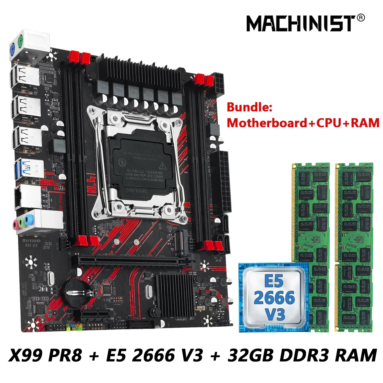 

MACHINIST X99 PR8 Motherboard Set Kit With Intel LGA2011-3 Xeon E5 2666 V3 CPU And DDR3 2*16GB RAM Memory combo