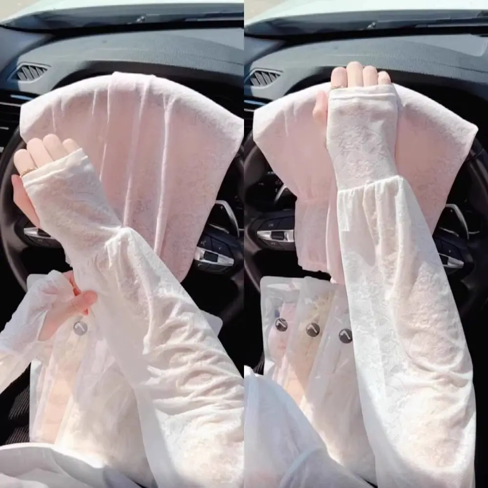 Breathable บางลูกไม้ผ้าไหมน้ําแข็งแขนดอกไม้ Sun Protection ครีมกันแดด Anti-UV แขนยาวถุงมือขี่จักรยานผู้หญิง