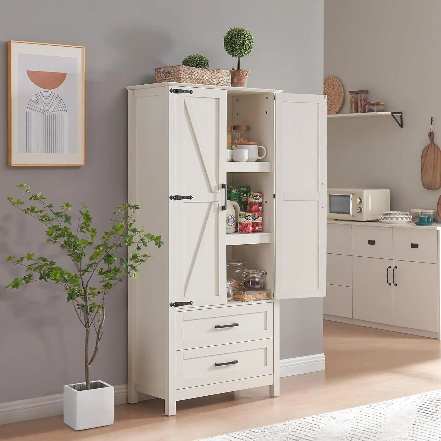 

Kitchen Pantry Cabinet, Farmhouse Cabinet with Drawers & Barn Doors, Cabinet with Adjustable Shelves