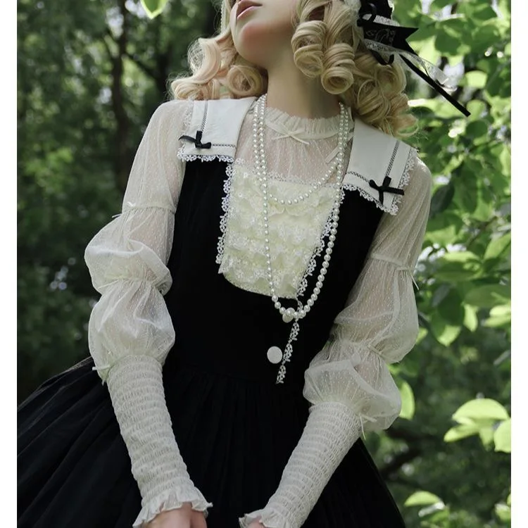 New Lace-up Gauze Light Long Sleeve Spring Summer Lolita Shirt Sweet Women Round Neck Versatile Age-reducing Fashion Blouse Top