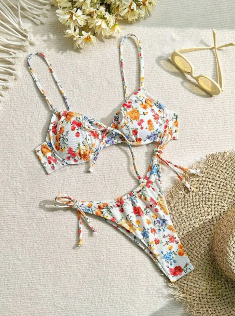 Printed Swimsuit Women Two-pieces Halter Split Swimsuit Bow Lace Up Fashion Bikini Set Summer New Casual Sexy Beachwear Bikinis