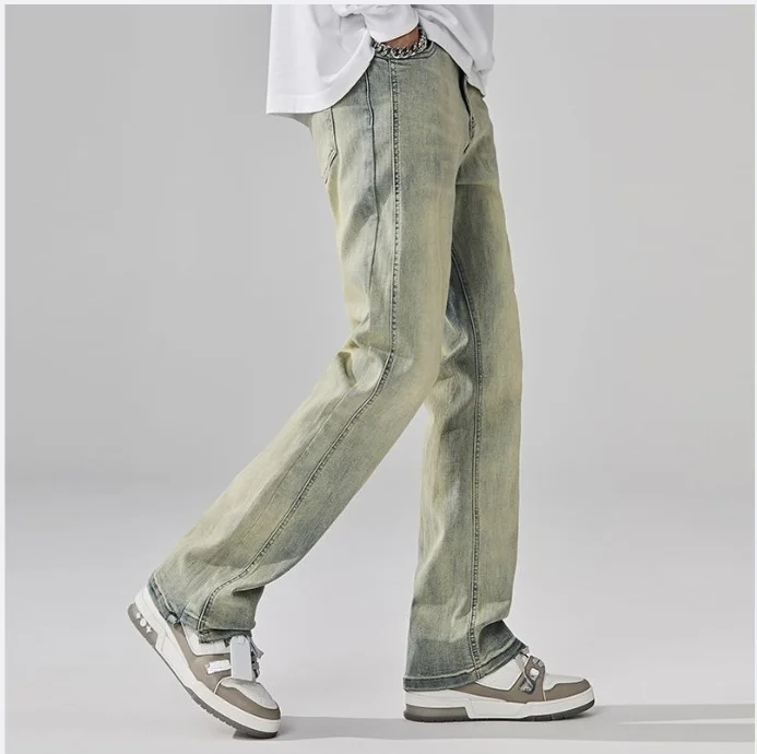 Men's Japan Korea Style Vintage Denim Trousers Pant Men High Street Hip Hop Casual Hole Small Flare Jeans Pant