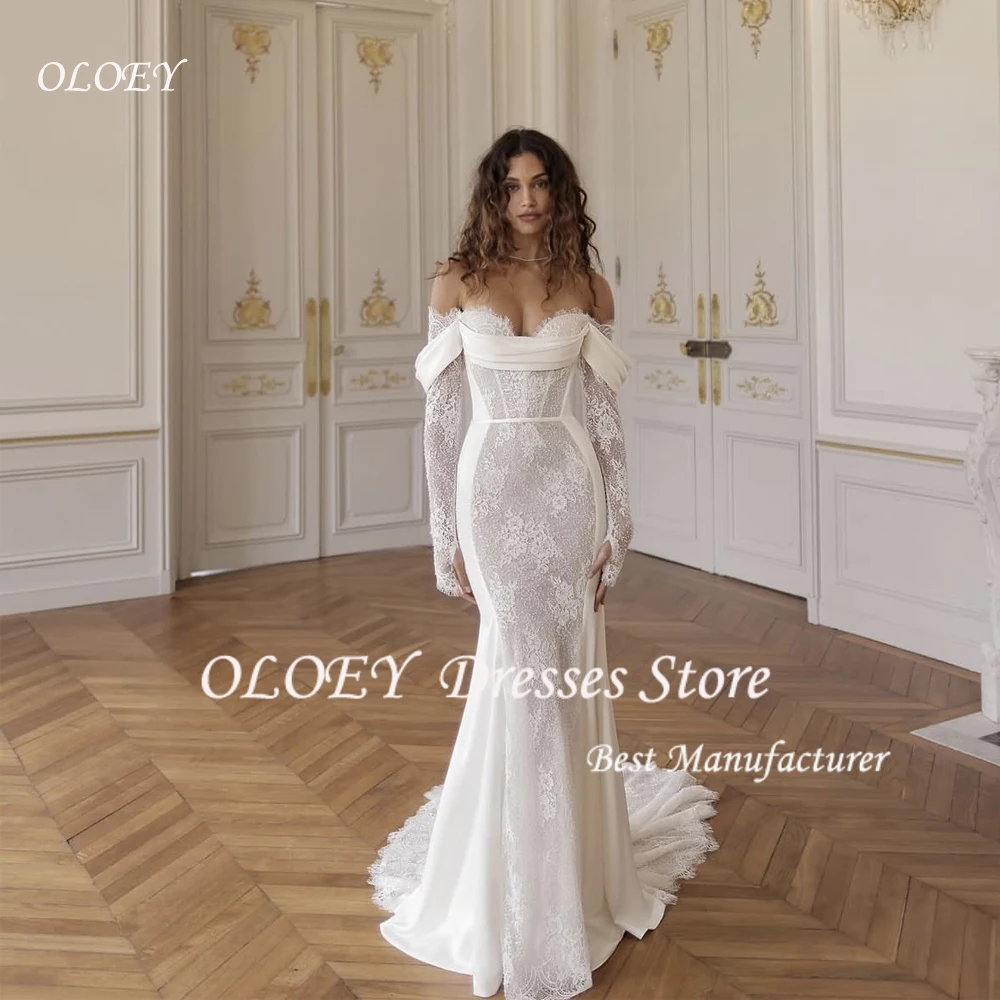 OLOEY Cut-out Dubai Arabic Women Wedding Dresses Off the Shoulder Long Sleeves Full Lace Bridal Gowns Buttons Back Customised