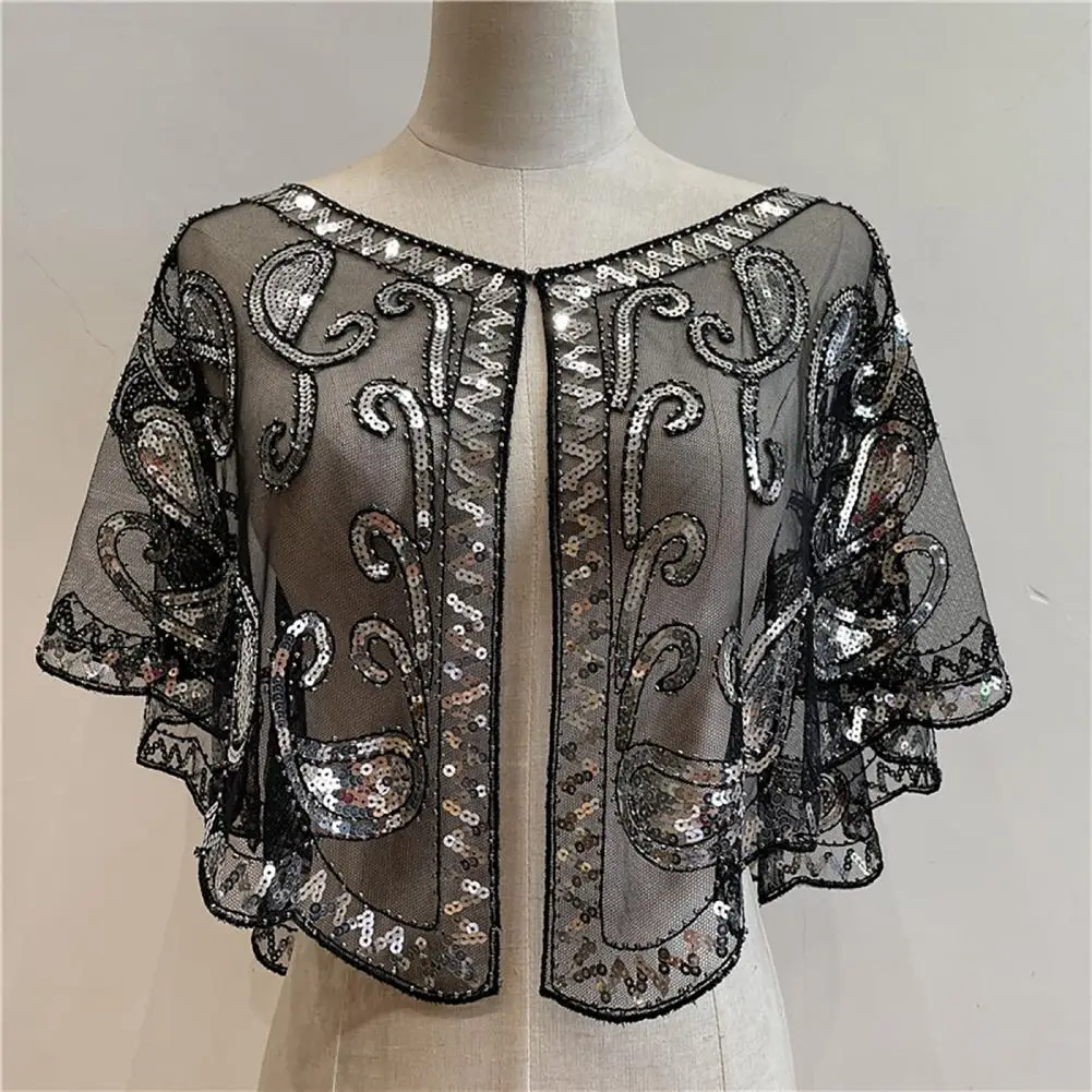 Women Shawl Sequin Solid Color See Through Shiny Cover Up Spring Autumn Mesh Cape Coat For Party Wedding Banquet