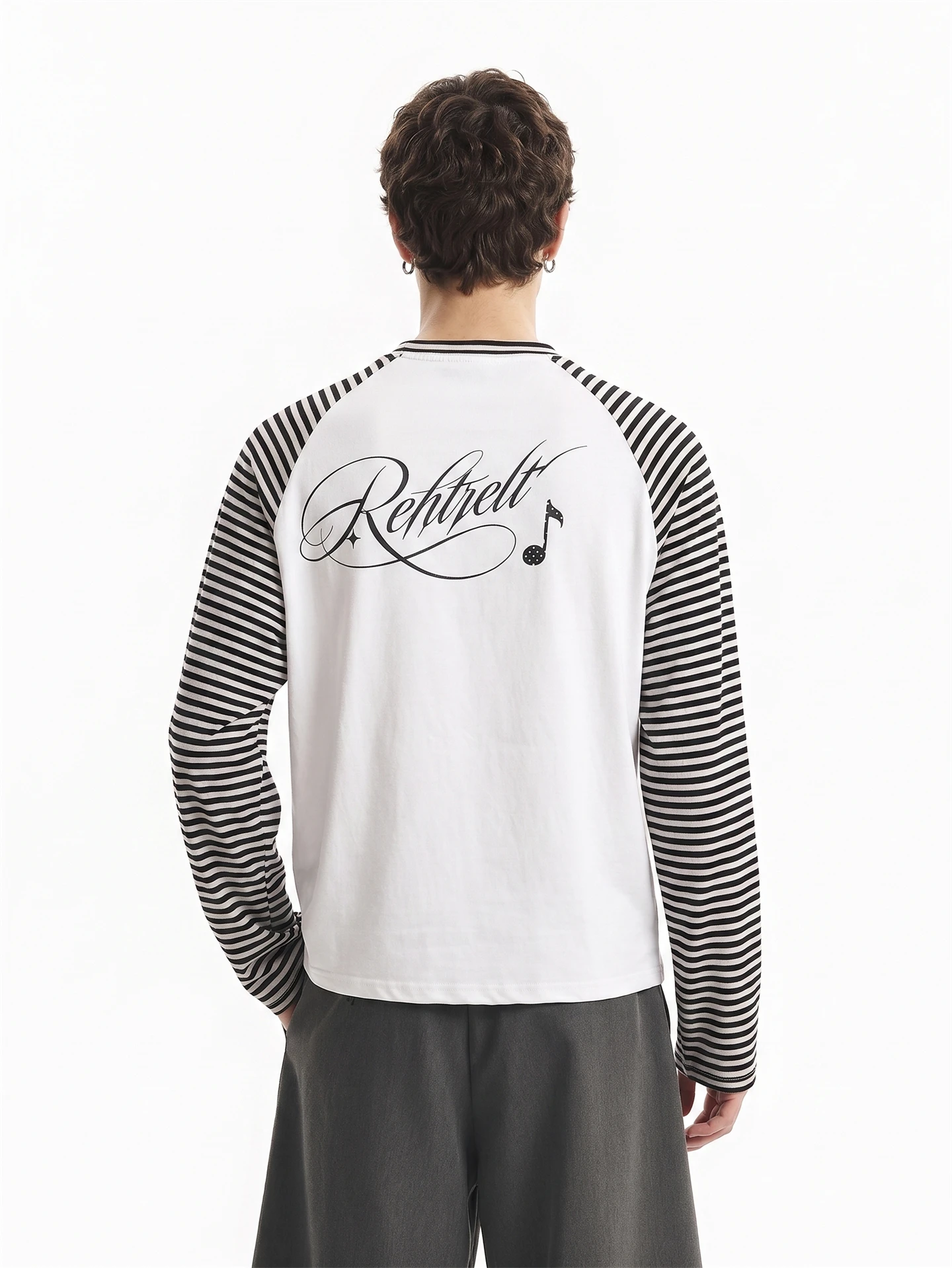BETEBULE American High Street Note Letter Print Stripe Long Sleeve Men's Vintage Light Short Wide Top T-shirt Casual Youth Po...