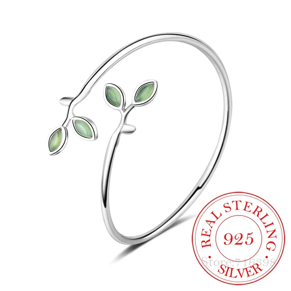 New Beautiful Sprout Exquisite Korean Style Fashion 925 Sterling Silver Jewelry Bracelets Literary Leaves Crystal Bangles