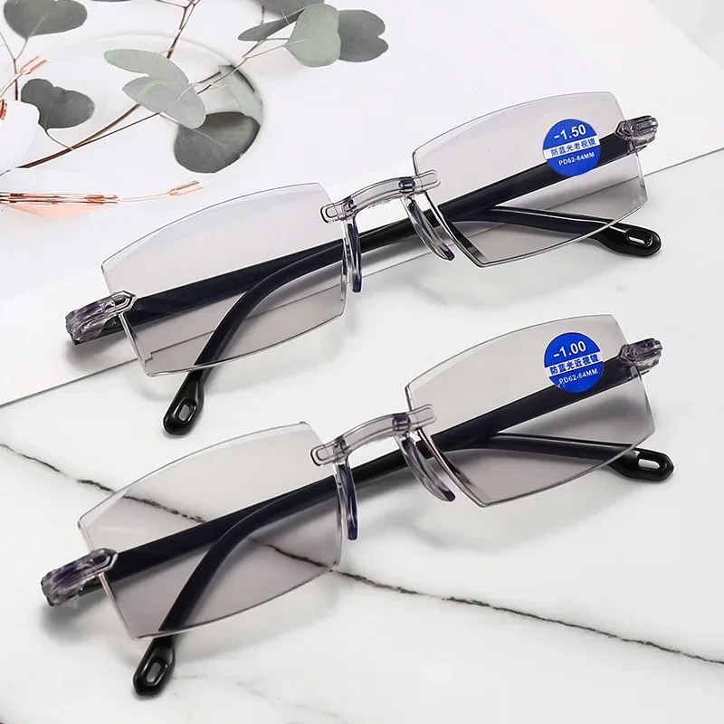 

Rimless Anti Blue Light Finished Myopia Glasses Business Minimalist Style Nearsighted Eyeglasses Women Men Unisex -1.0 ~ -6.0