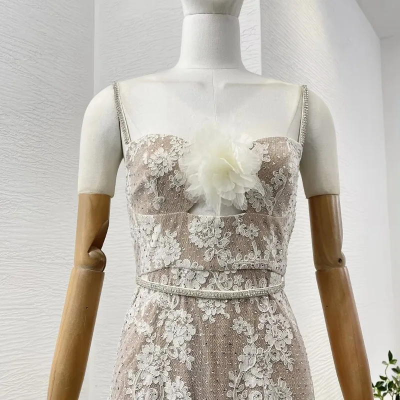 Diamonds Women New Autumn Top Quality 2024 White Lace Patchwork Sleeveless 3D Flower Decoration Lady Camisole Mermaid Maxi Dress image 4