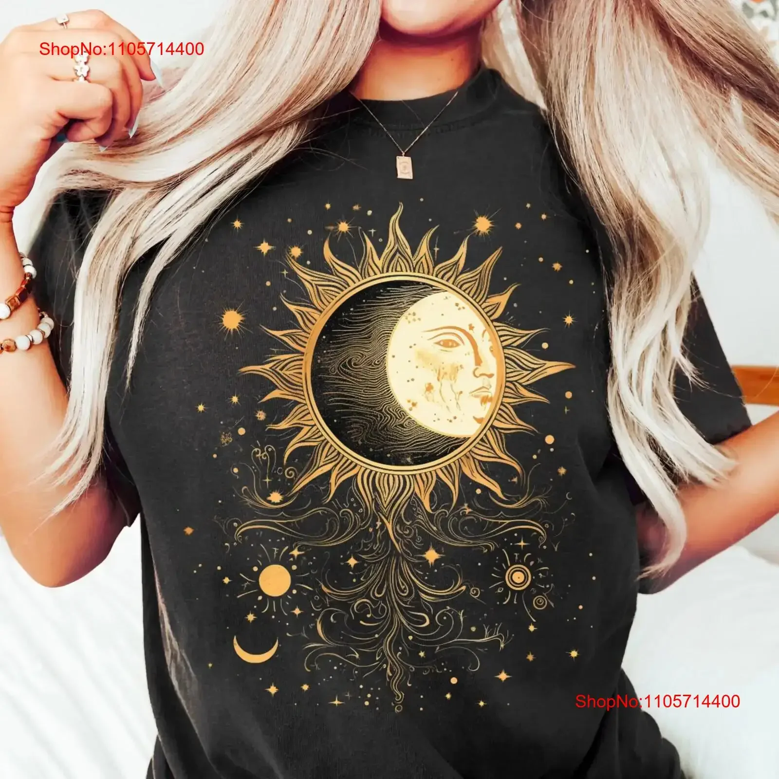 Celestial Sun and Moon Oversized T Shirt with Stars Phases Mystical Boho for Women vintage Washed Breathable Casual Soft Unisex