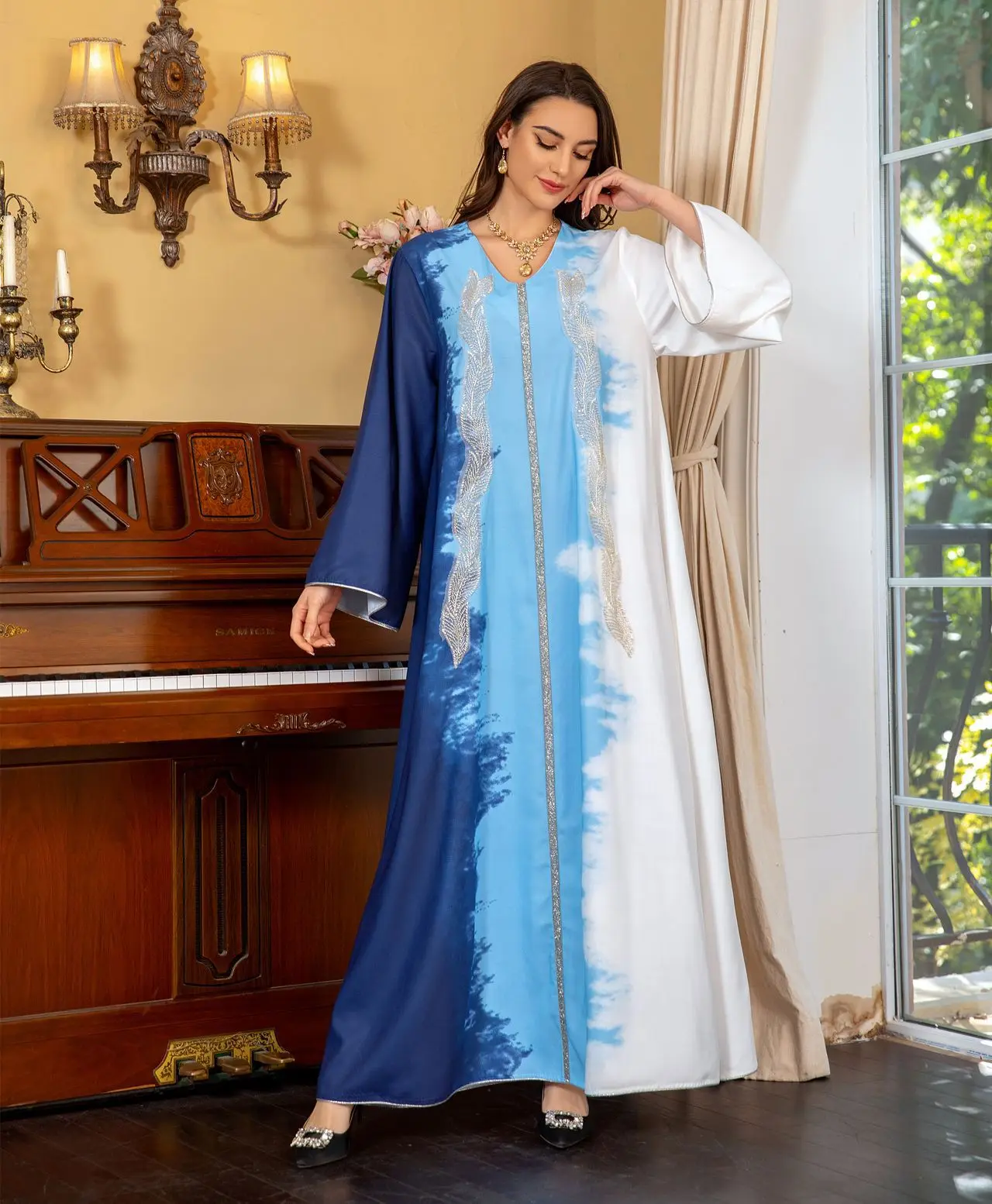 2025 Naher Osten Kleidung Perlenstickerei Muslimisches Kleid Dubai Saudi Tie Dye Hot Diamond Robe Elegante Abendkleider