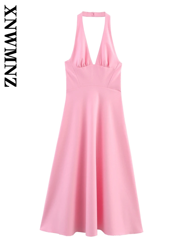 

XNWMNZ 2025 Summer Lady Party club Side Zipper Sleeveless Backless midi Dresses Fashion Chic Woman's Pink Halter Shoulder Dress