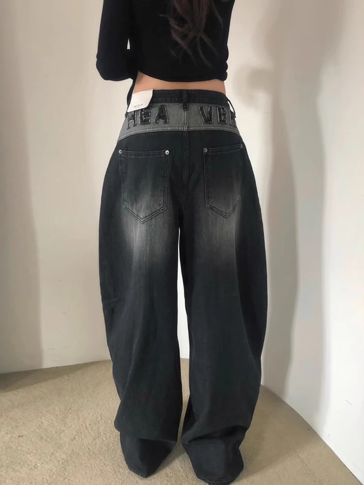 جينز نسائي فضفاض بتصميم عتيق أنيق، خصر مرتفع، ساق مستقيمة، مطبوع، مغسول من الخلف، بنطلون طويل للربيع والصيف، أزياء كاجوال #2