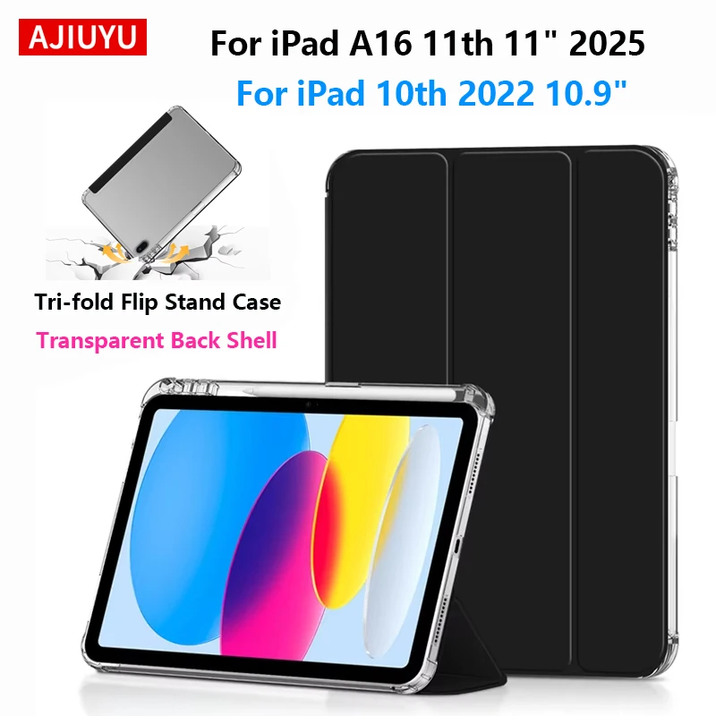 

TPU Transparent Case For iPad A16 11" 2025 Tri-fold Flip Stand PU Protective Cover For iPad 10th Gen 2022 10.9 Inch Tablet Shell