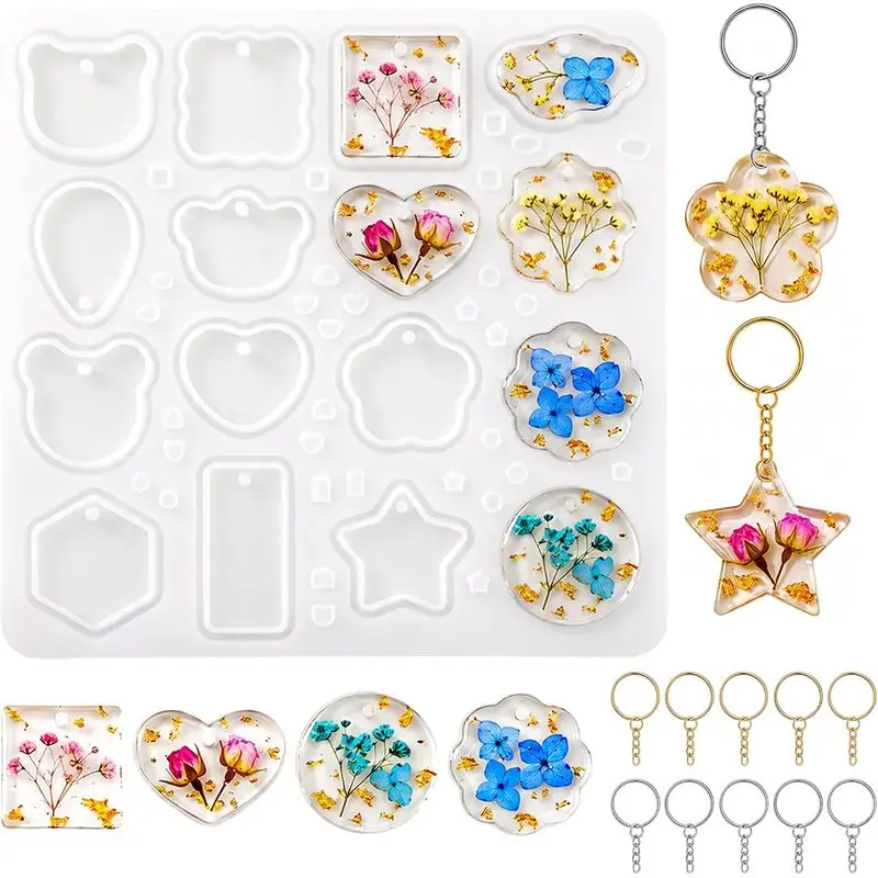 1item16Silicone resin keychain mold with a cavity and a hole，Comes with silver and gold versions10A keychain，Suitable for epoxy
