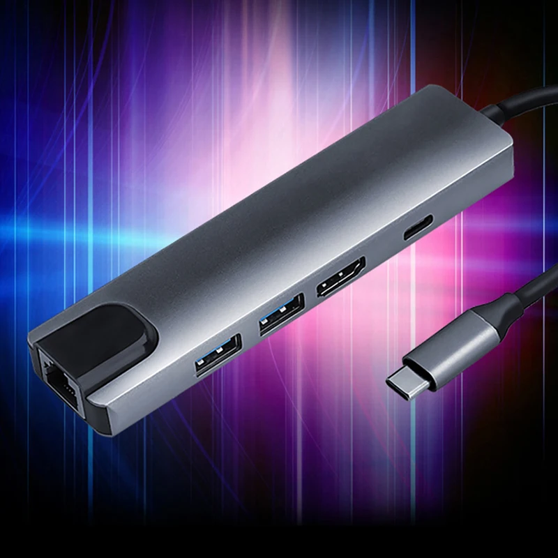 5 In 1 Type-C To USB 3.0 4K HDMI-compatible RJ45 USB 3.0 PD Charge Type-C Smart Dock Hub, Dual USB HUB Type-C Hub Splitter