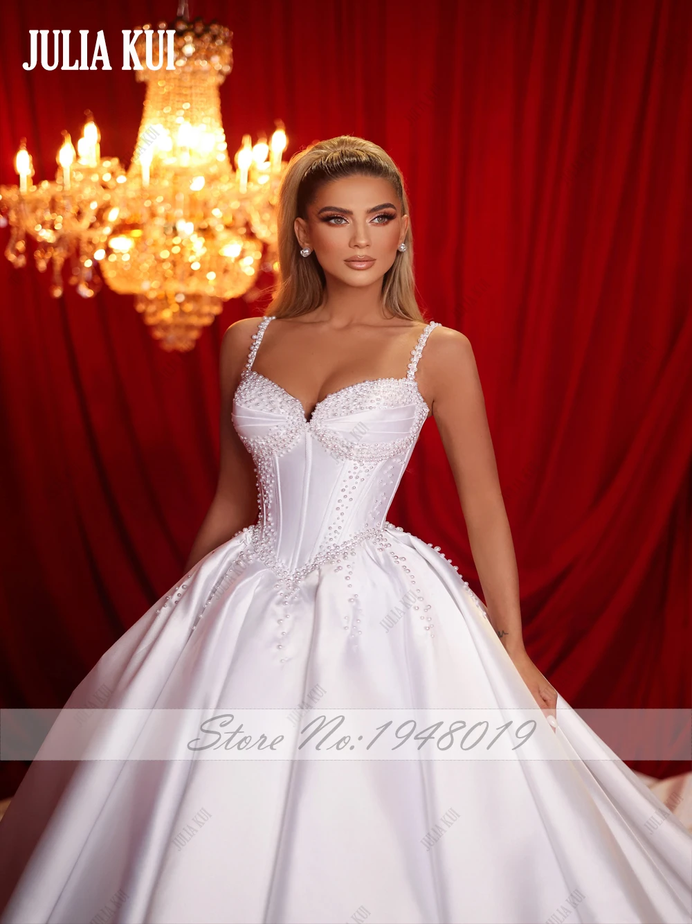 Julia Kui Vintage Beading Pearls Satin Sweetheart Ball Gown Wedding Dress With Spaghetti Straps And Backless Bridal Gowns