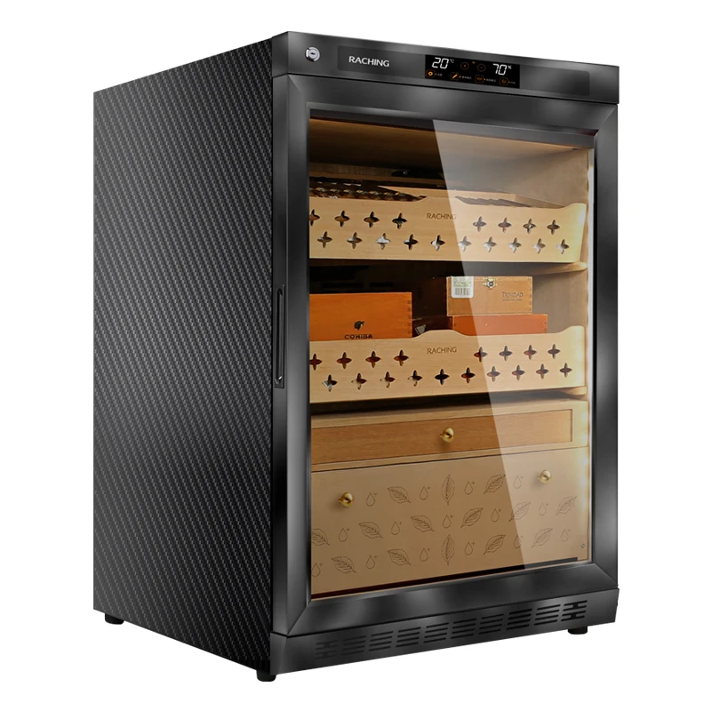 Wooden Cigar Humidor Cabinet Lacquer Climate-Control Glass Door 2 Layer 500 Cigars with Drawer