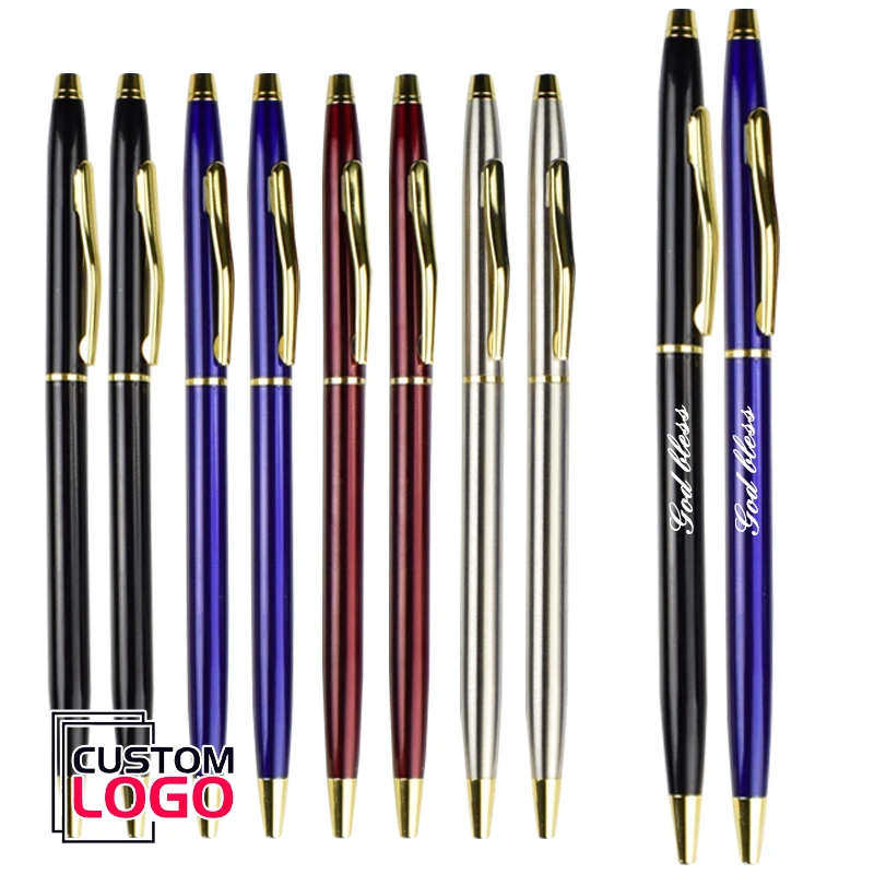 10Pcs/Lot Custom Logo Business Simple Metal Ballpoint Pen Personalized School Teacher Gift Office Supplies Stationery Wholesale