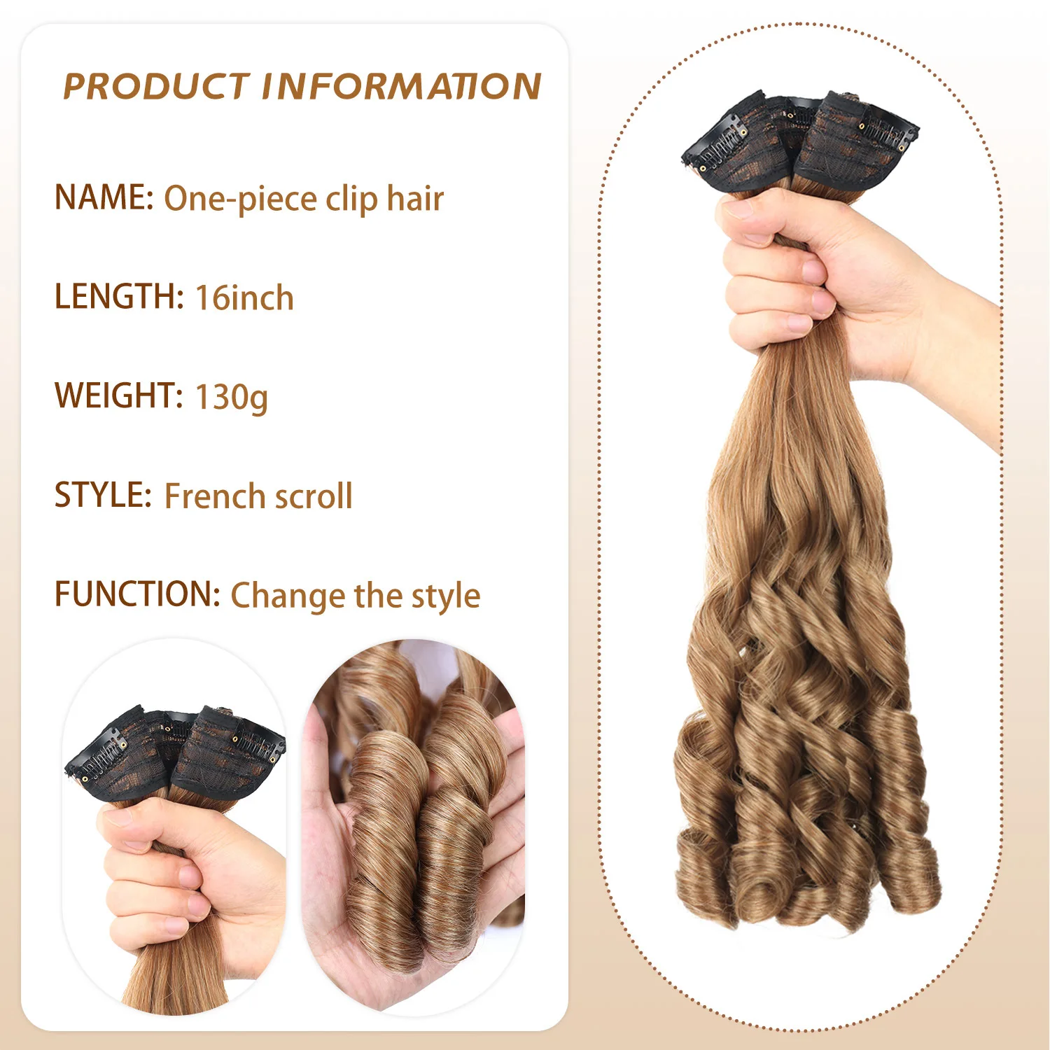 Synthetic Clip in One Piece Hair Extensions 5 Clips in one piece false hair 16inch French curl Style for women girls Daily Party