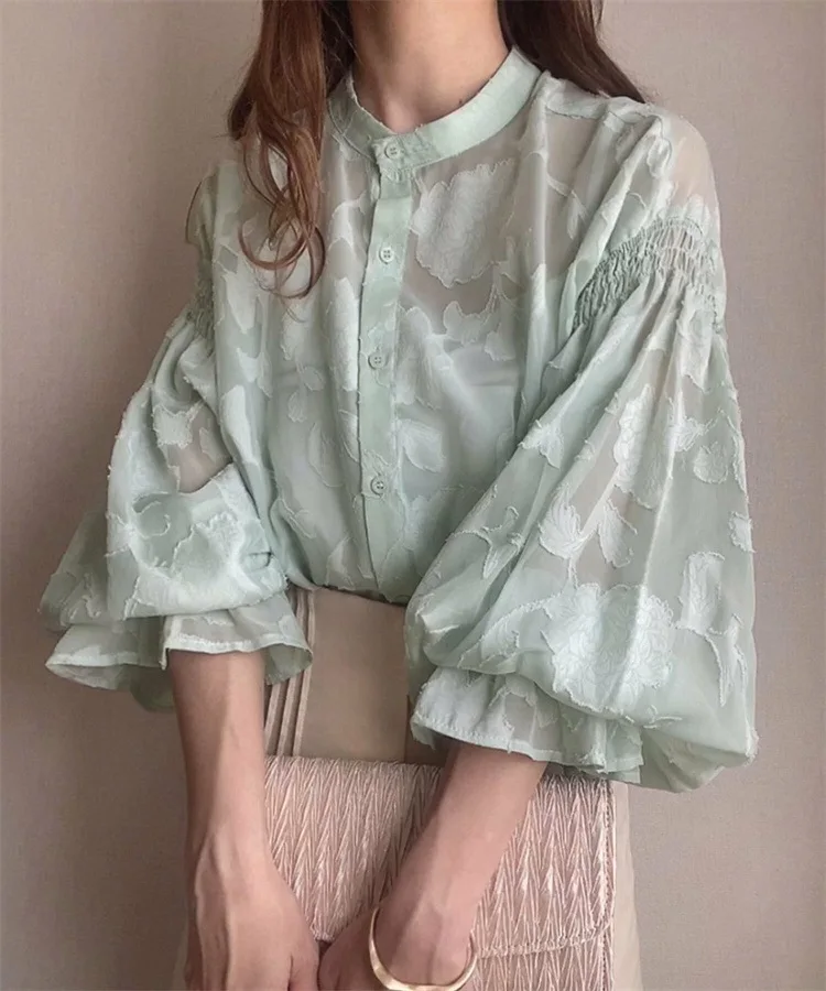 일본 라쿠텐 여름 신상 플로럴 자카드 랜턴 슬리브 투명 셔츠