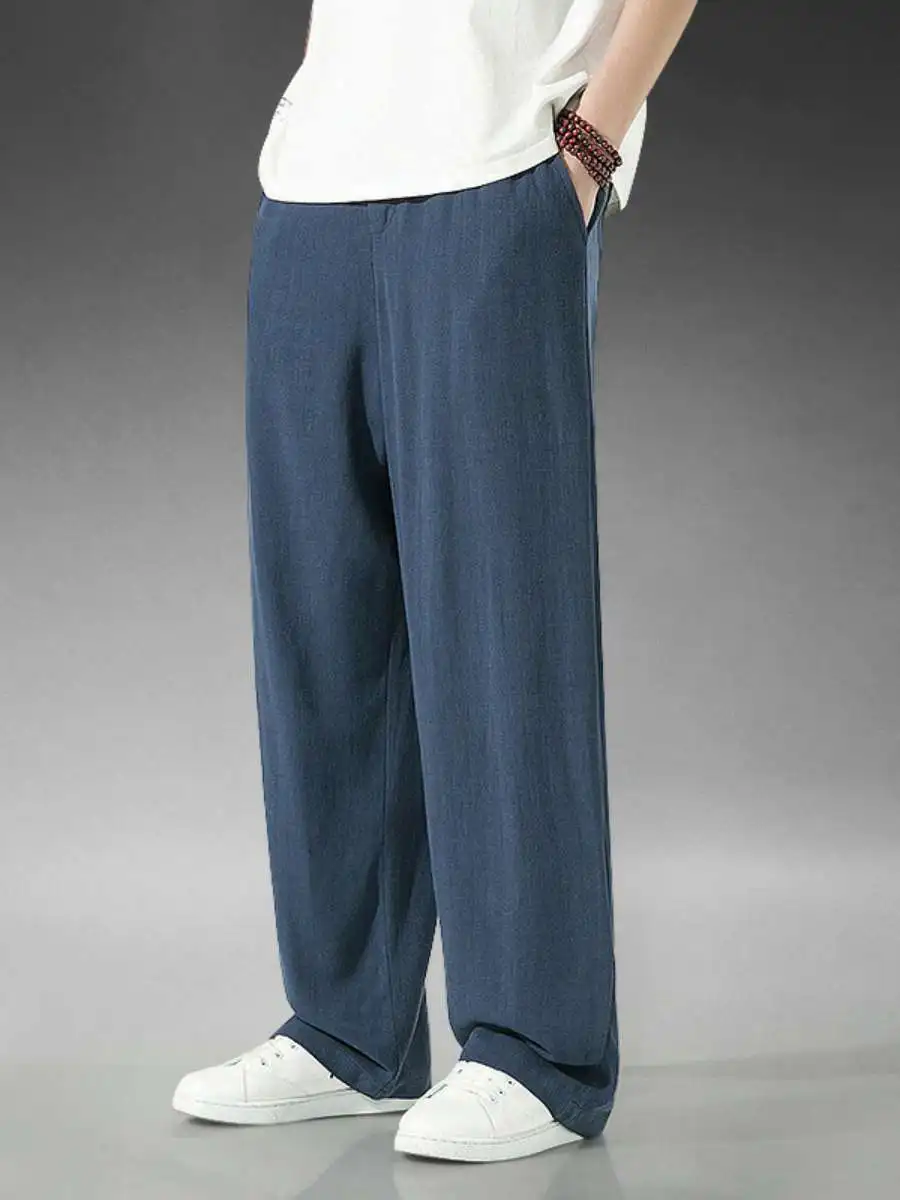 Men's Casual Linen Pants Loose Wide Leg Straight Tai Chi Cotton Linen Thickened Autumn Winter Long Trousers Comfortable Fit