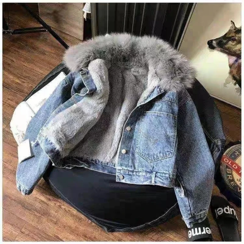

American Vintage Long Sleeve Denim Parkas Women Casual Streetwear Y2k Retro Coat Button Faux Fur Collar Patchwork 2025 Autumn