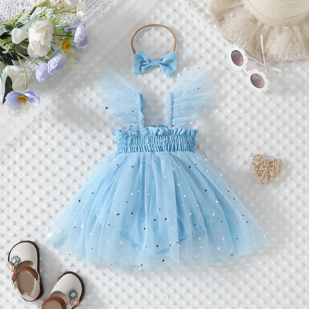 MILANCEL 2024 Summer Baby  Bodysuits  Ruffle Sleeve Girls One Piece Mesh Sequin Tulle Skirt