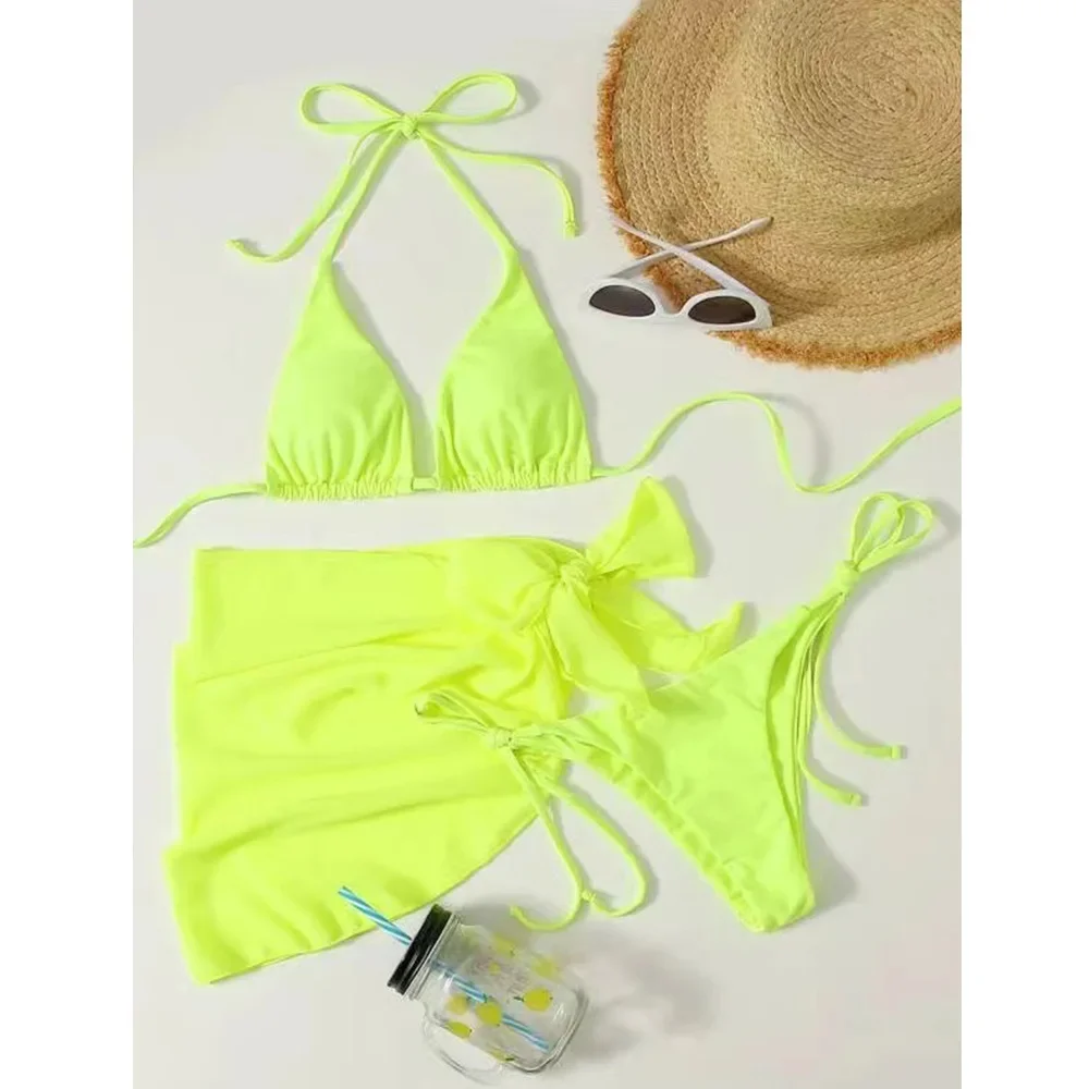 

New Neon Yellow 3 Pieces Set Swimsuit Women Thong Swimwear Sexy Micro Bikini With Sarong Skirts Beach Wear Bathing Suit Swim