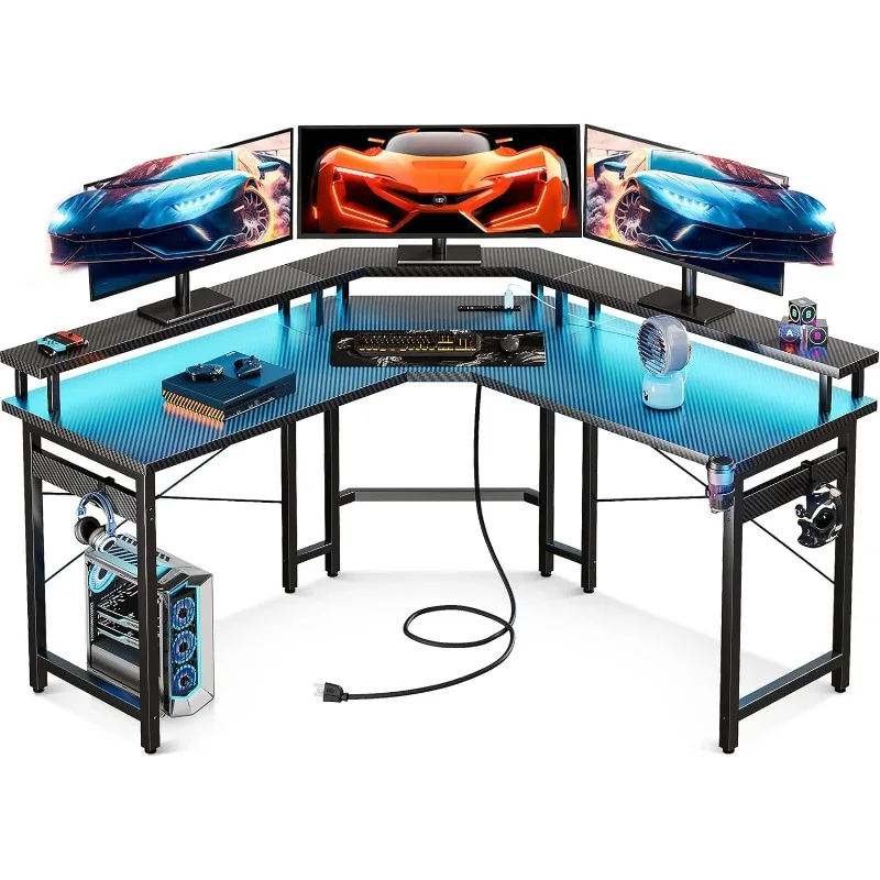 

L Shaped Gaming Desk with LED Lights & Power Outlets, 51" Computer Desk with Full Monitor Stand, Corner Desk with Cup Holder