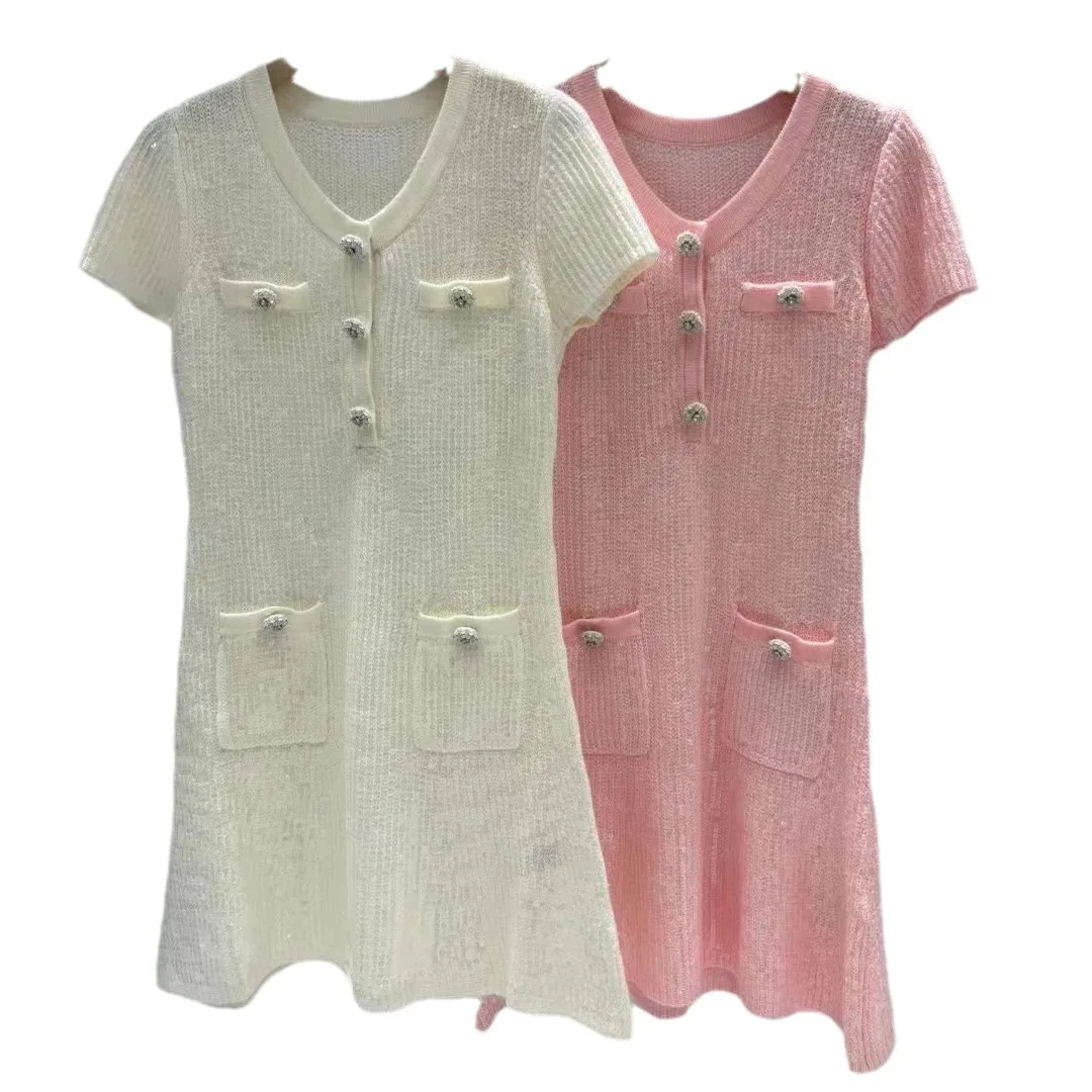 Women's Dress 2024 New Spring Diamond Studded Buttons O-neck Slim Sweet Short Sleeve Mini Robe