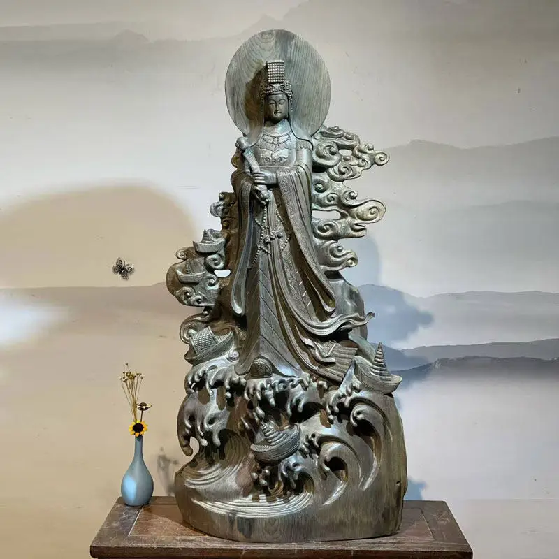 Gloomy nanmu Mazu icon wood carving ornament Queen Empress character root carving decoration Buddhist hall living room