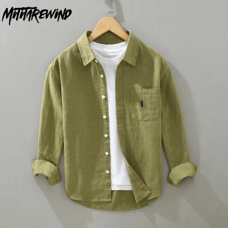 

Весенне-летние свежие мужские рубашки с длинным рукавом, повседневные повседневные рубашки, однотонный топ с лацканами, японская хлопковая льняная рубашка, мужская простая одежда