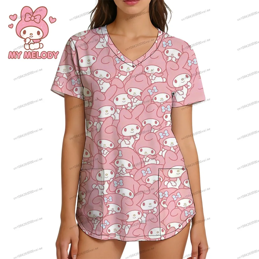 

Sanrio My Melody Kawaii 2026 New Pocket Women's Nurse Uniform V Neck T Shirt Y2k Clothes S-2XL Leisure Streetwear Fashion Summer