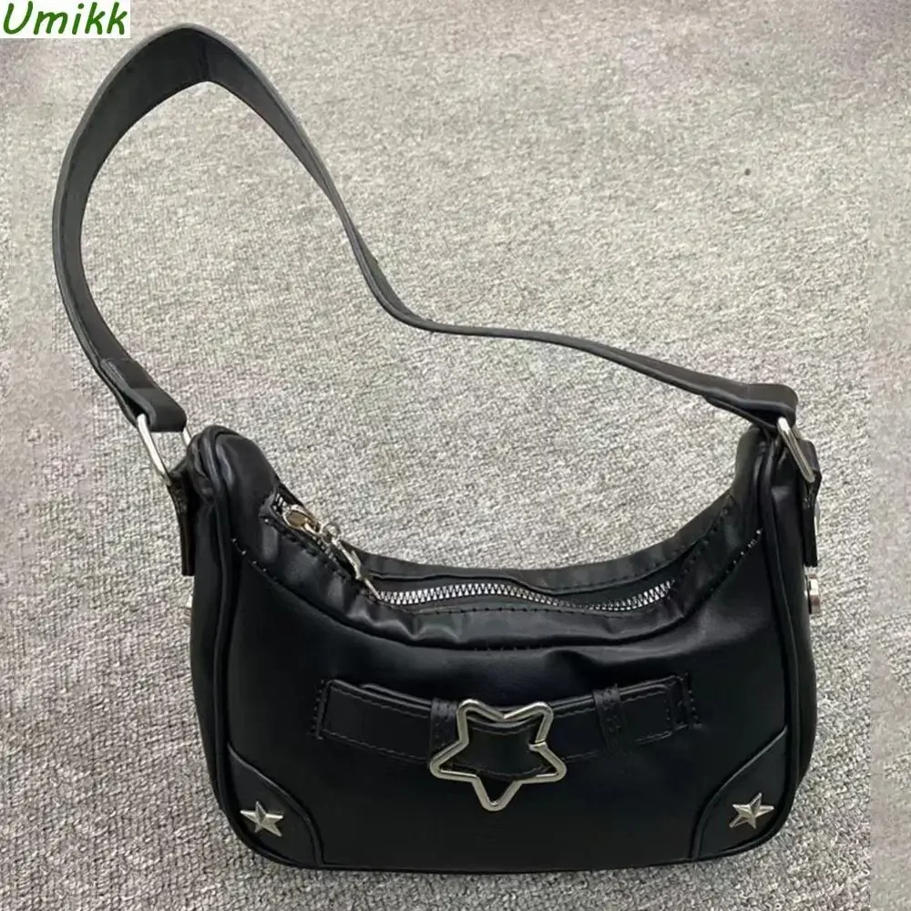 Women's Fashion PU Small Shoulder Bag Y2K Star Armpit Purse American Retro Black Chic Hobo Bag High Quality Designer New Handbag