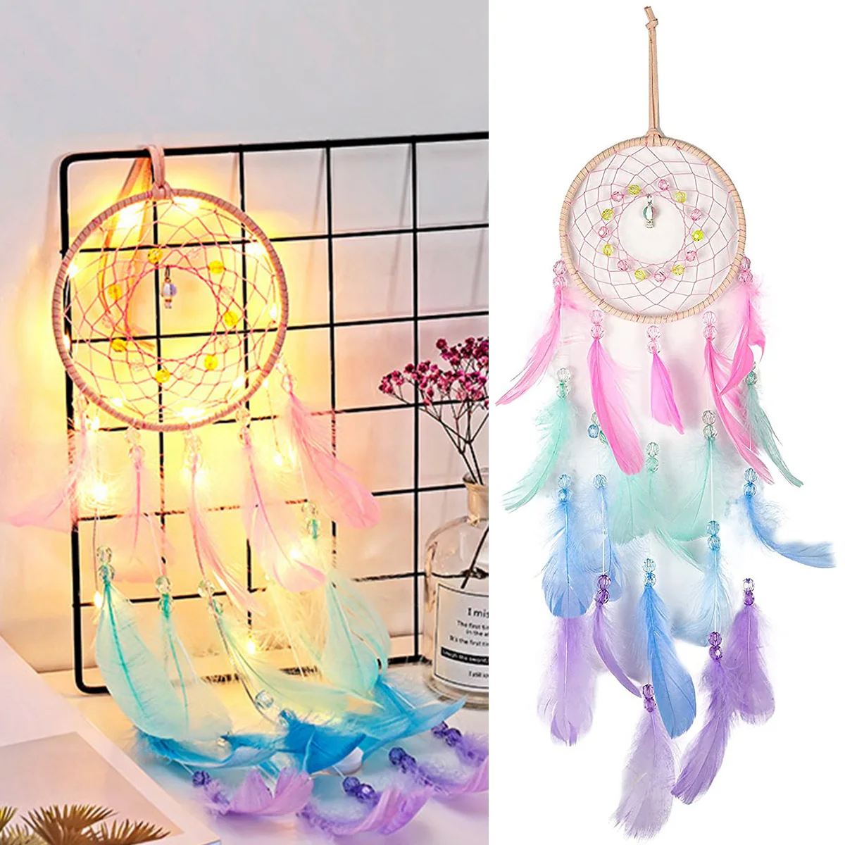 Girl Room Feather Dream Catcher Pendant Wall Hanging Dream Catcher with LED Light Handmade Birthday Gift Home Wedding Decoration