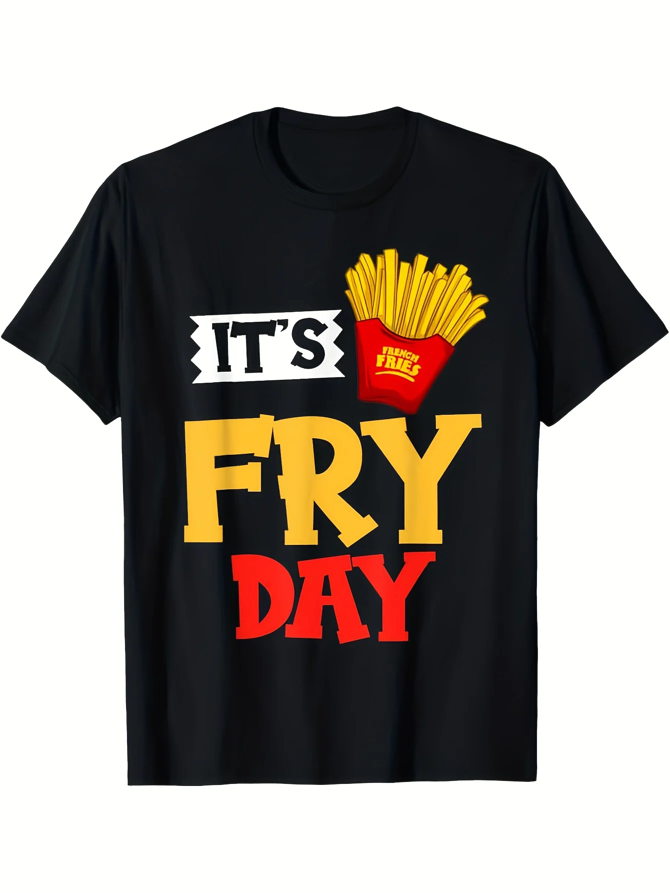 Funny Men's Black Graphic T-Shirt French Fries It's Fry Day Bold Letter Print Fast Food Pun Slogan Retro Typography 100% Cotton Heavyweight Short Sleeve Casual Streetwear Tee
