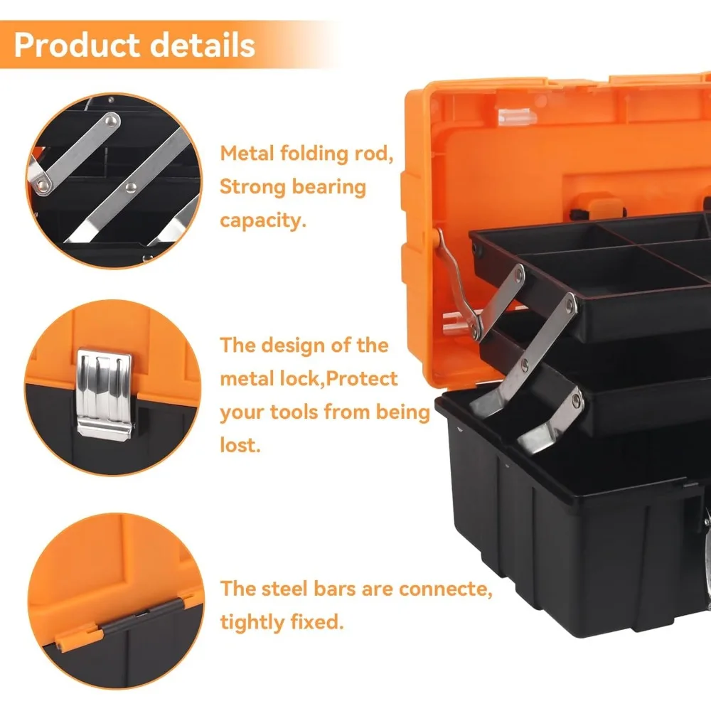 منظم صندوق أدوات بلاستيكي قابل للطي مكون من 3 طبقات مقاس 16.5 بوصة مع مقبض محمول للمنزل والمكتب وصيد الأسماك في السيارة