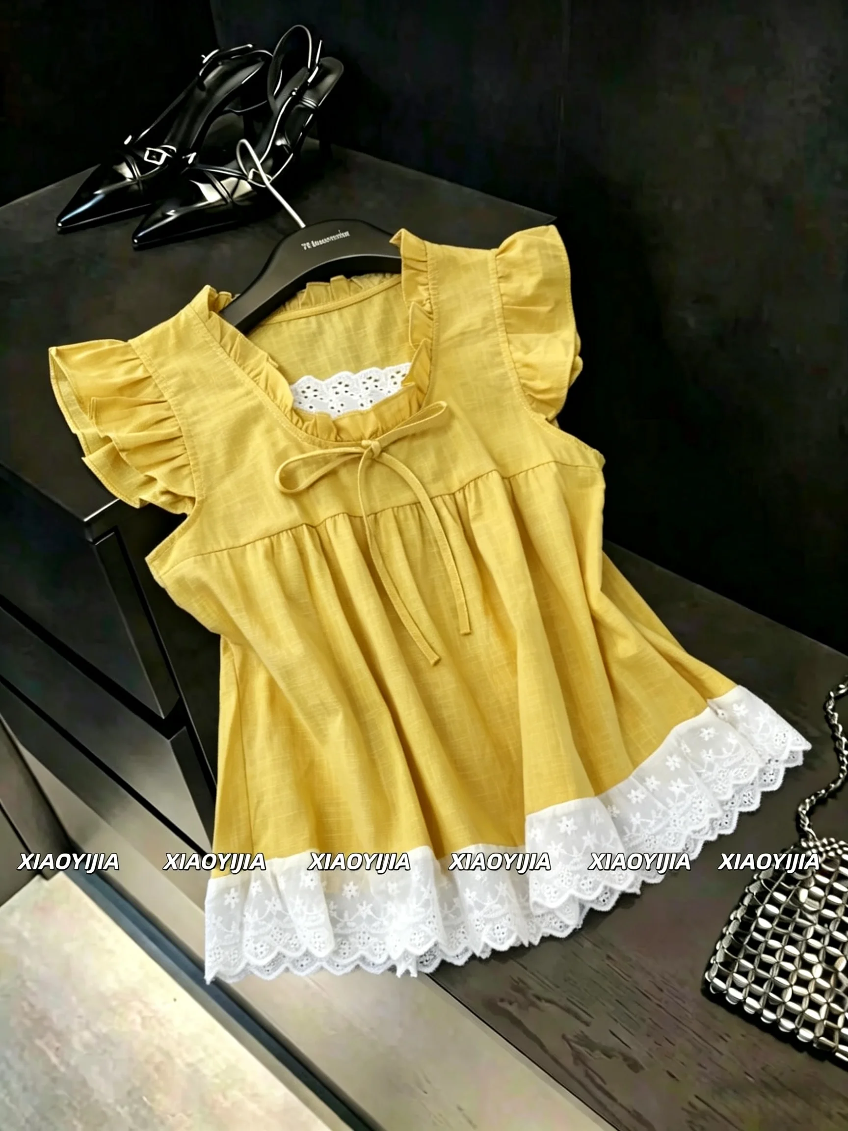 

High-End Lace Patchwork Women's Shirt Summer Slimming Top Flying Sleeve Loose Fit Polyester Fiber Outerwear Pure Color