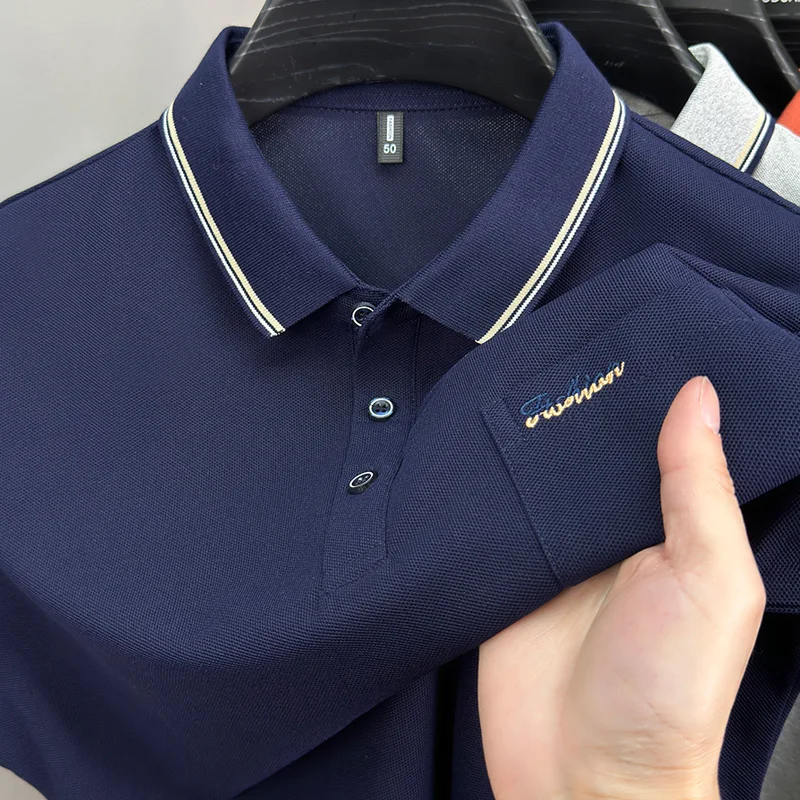 High-end Genuine Pocket Short-sleeved T-shirt for Men, Summer Turn-down Collar Business Casual Solid Color Polo Shirt Fashion