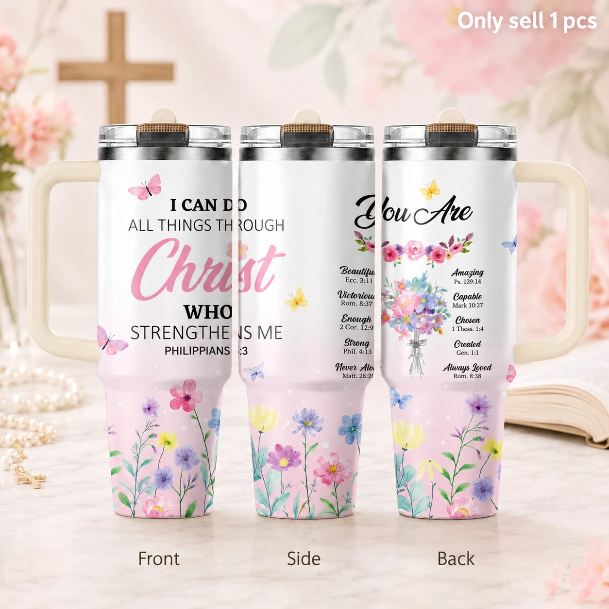 Christ Strengthens Me Floral Faith Vacuum Flasks 40oz 3rd Gen Vacuum Insulated Stainless Steel Tumbler Cup With Handle Straw Lid