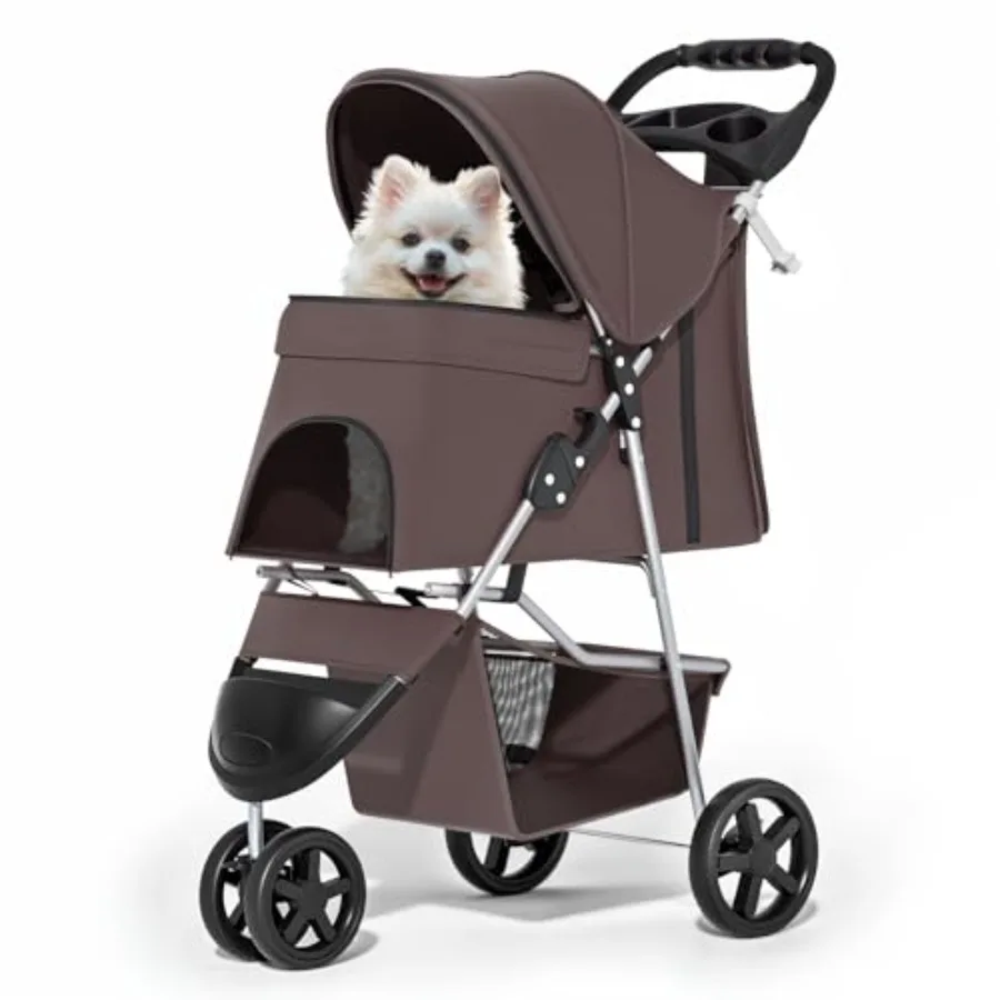 

Foldable dog strollers for small dogs and cats: 3-wheel pet strolling cart with weather cover, breathable mesh, storage basket,