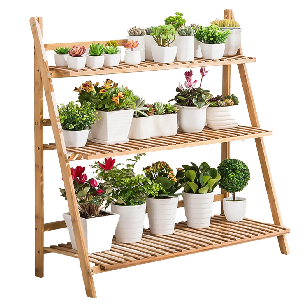 3 Tier Bamboo Plant Stand Outdoor Indoor Flower Stand Folding Plant Display Stand Ladder Shelf Corner Planter 100CM