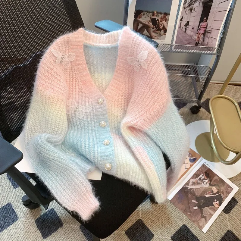 Herbst Winter Pullover Regenbogen Farbverlauf drei dimensionale Schleife Schmetterling Knopf koreanischen Stil süße Krawatte Farbstoff gestrickte Strickjacke Mantel