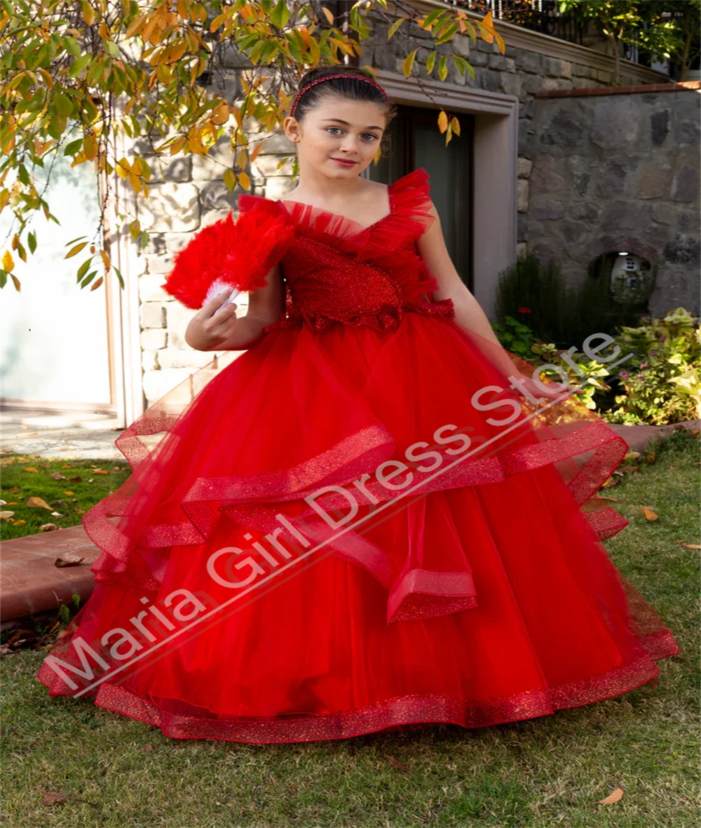 

Red Lace Edge Girl Wedding Birthday Party Dress Layered Tulle Elegant Children's First Communion Formal Event Dress