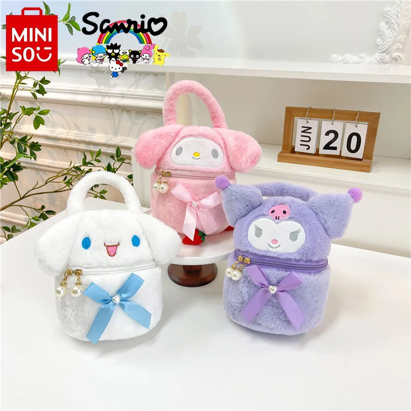 Miniso Sanrio New Women's Plush Bag Fashionable and High Quality Women's Handbag Cartoon Cute Girl Round Bucket Storage Bag