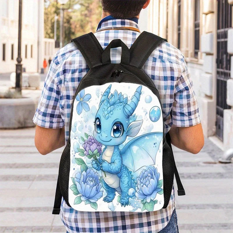 

1 Cute Blue Dragon and Floral Backpack - Lightweight School Bag, Adjustable Shoulder Strap, Pastel Color