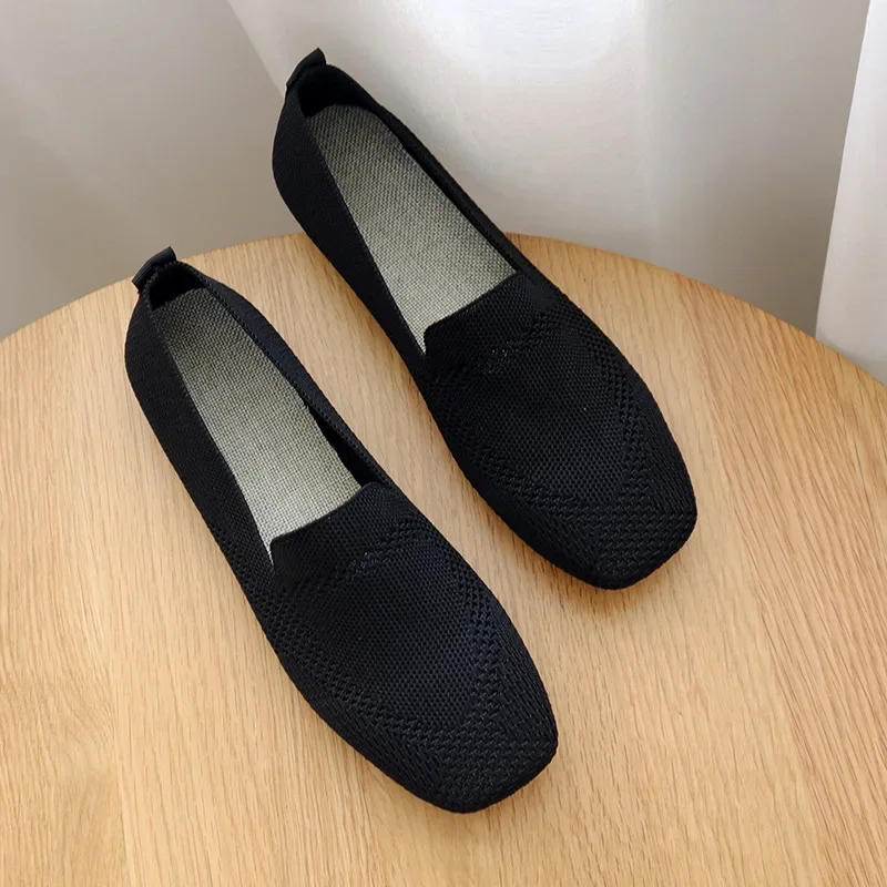 2023 New Female Ballet Shoes Women Square Toe Flat Bottom Knit Fabric Daily Loafers Summer Soft Sole Breathable Mesh Drive Shoes