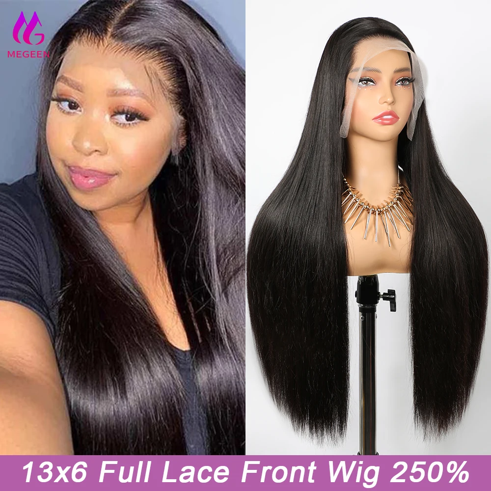 Megeen capelli umani 250% densità 13 x6 parrucca anteriore piena del merletto HD parrucche frontali in pizzo trasparente parte profonda capelli Virign lisci birmani