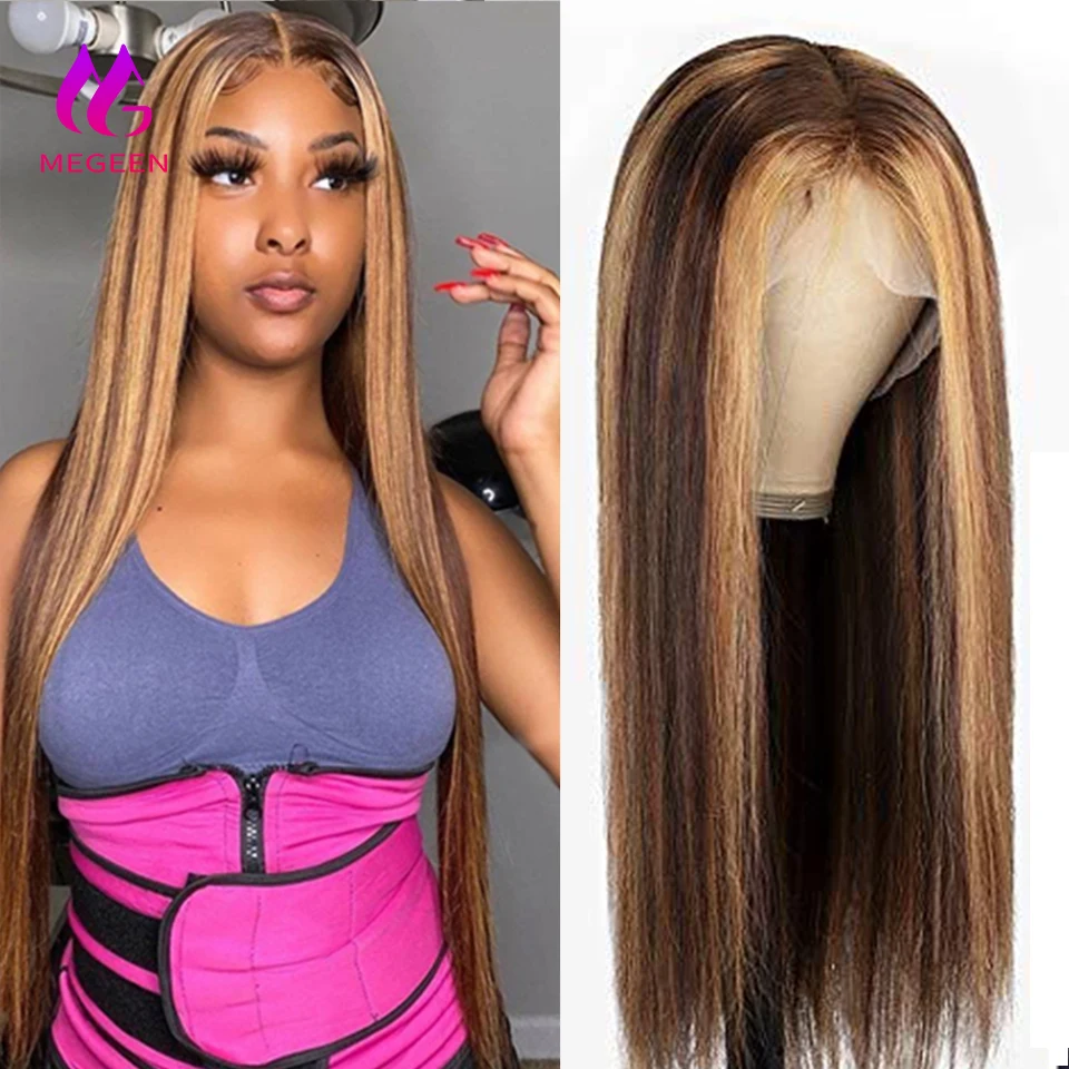 Megeen 100% Human Hair Highlight P427 Colored Pre Plucked Honey Blonde Lace Front Wig Straight 13X4 Lace Front Wig Human Hair